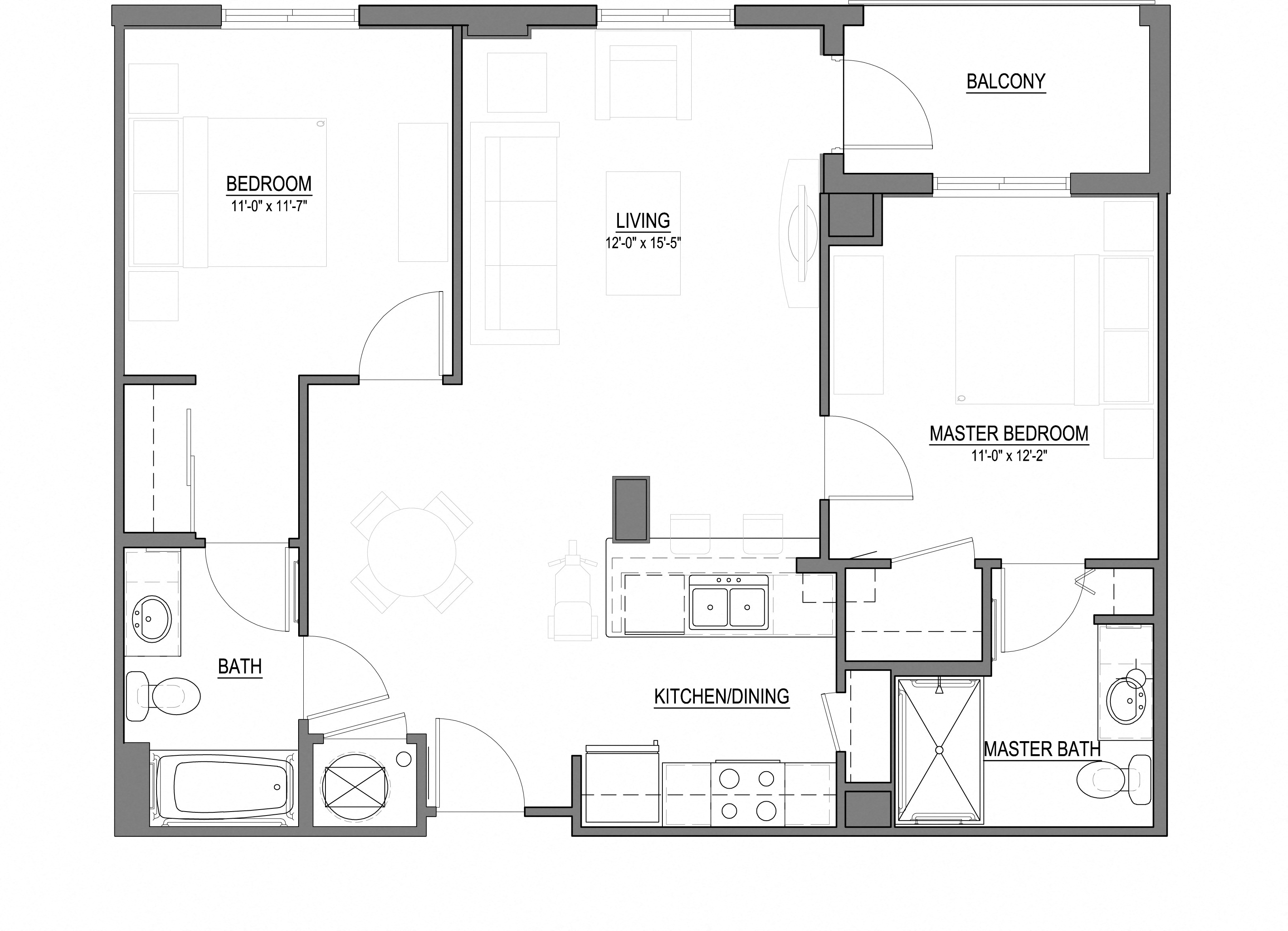 Floor plan for 2 beds, 2 baths, 995 sqft